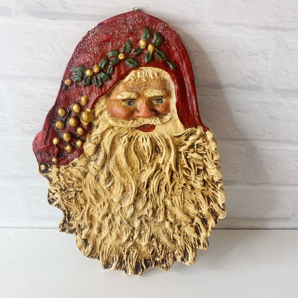 Vintage Santa Ornament Old World Flat Clay Dough C.H. USA Folk Art Glitter 7"